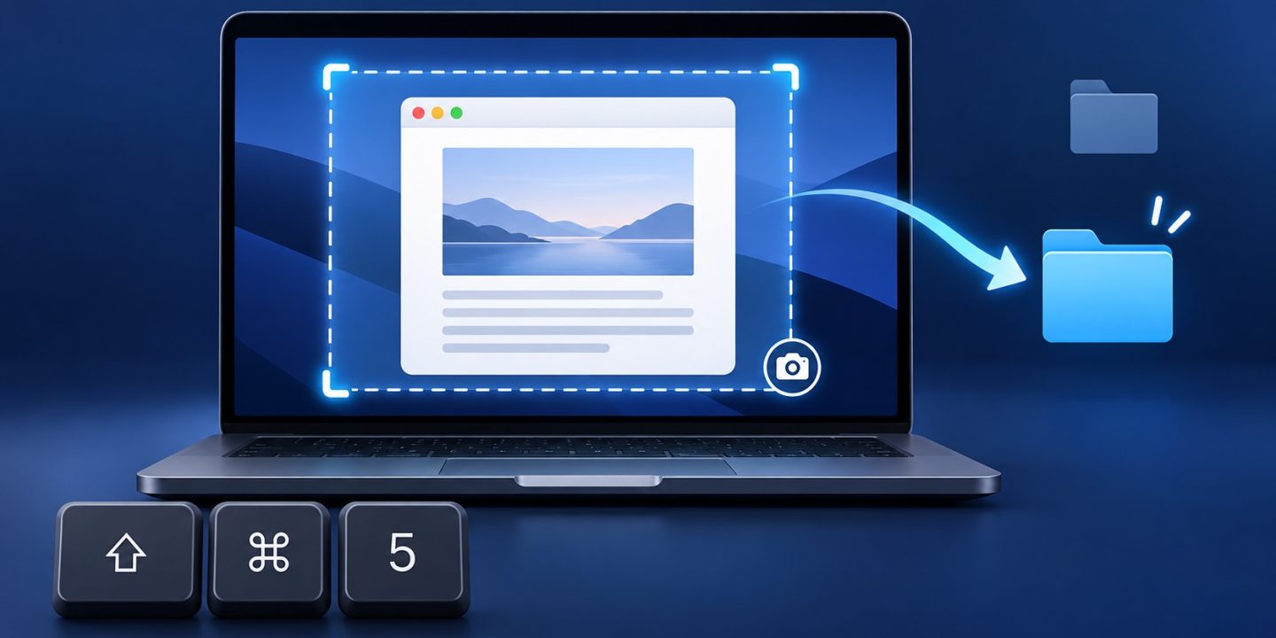 Illustration of a Mac screenshot selection being saved to a chosen folder using Shift-Command-5