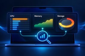Concept illustration comparing CPU activity, memory pressure, and storage while diagnosing a slow Mac