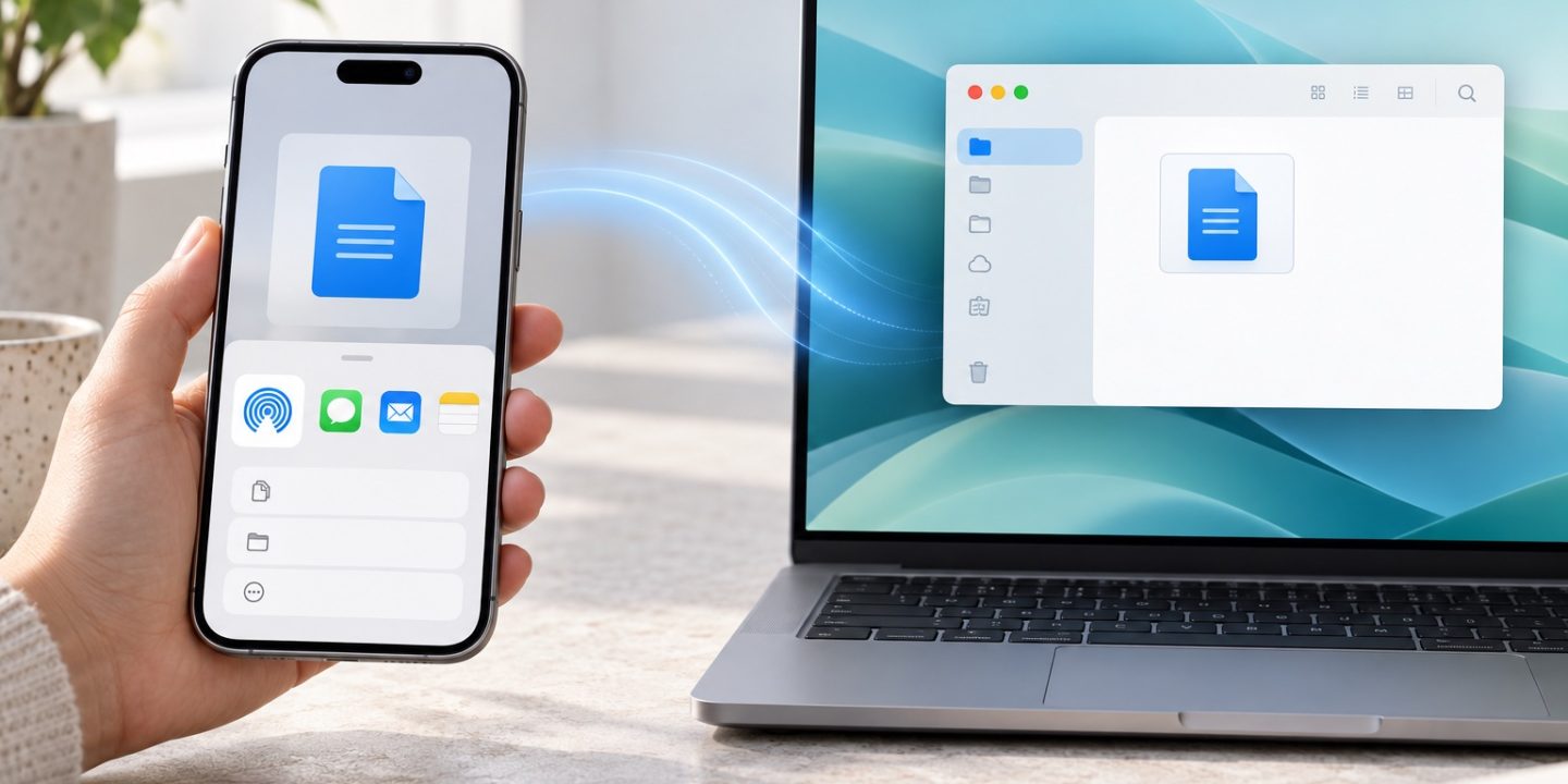 Illustration of a document being sent from an iPhone to a Mac and appearing in a Downloads window