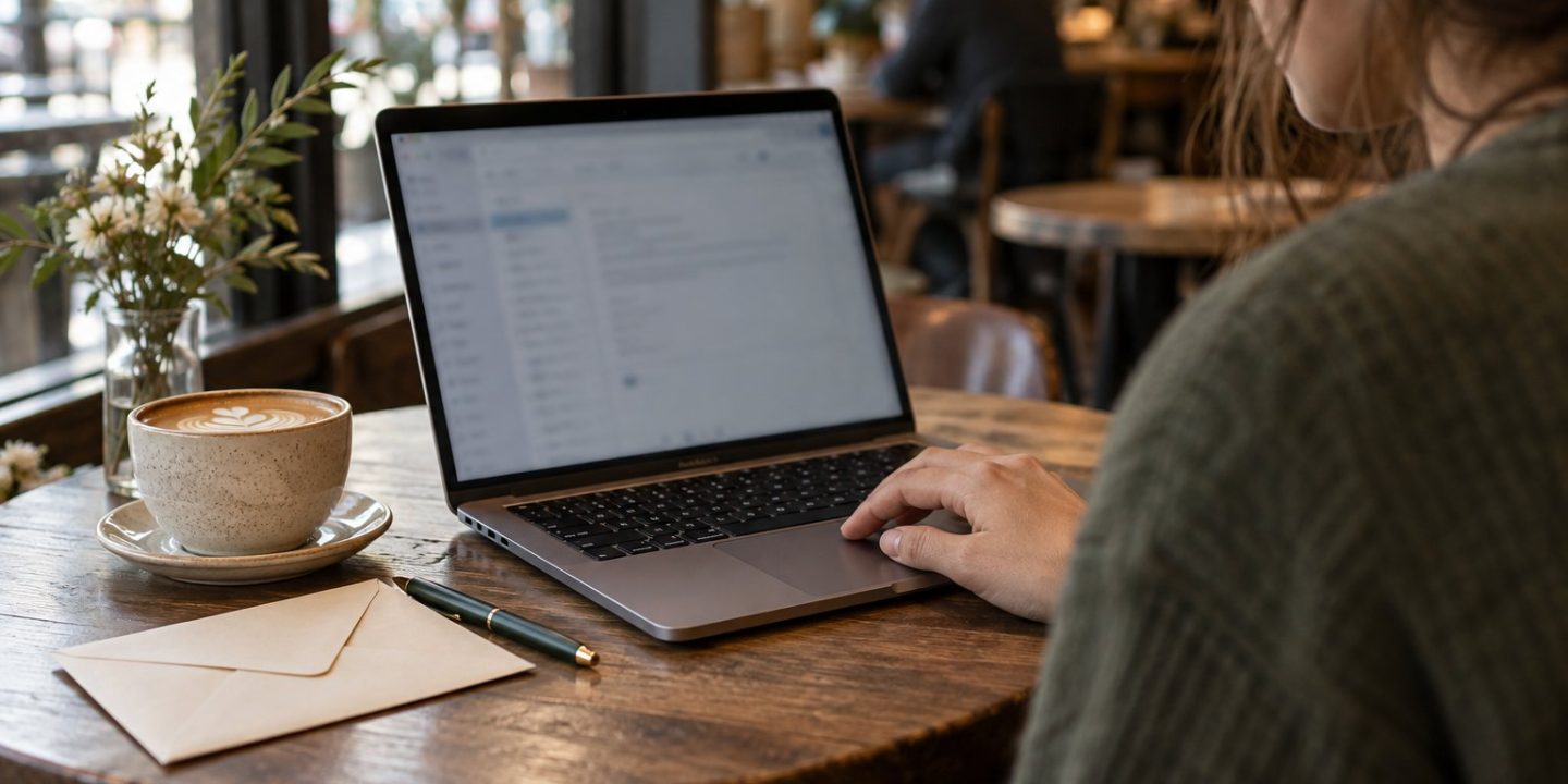 Person composing correspondence on a Mac laptop at a cafe