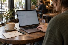 Person composing correspondence on a Mac laptop at a cafe