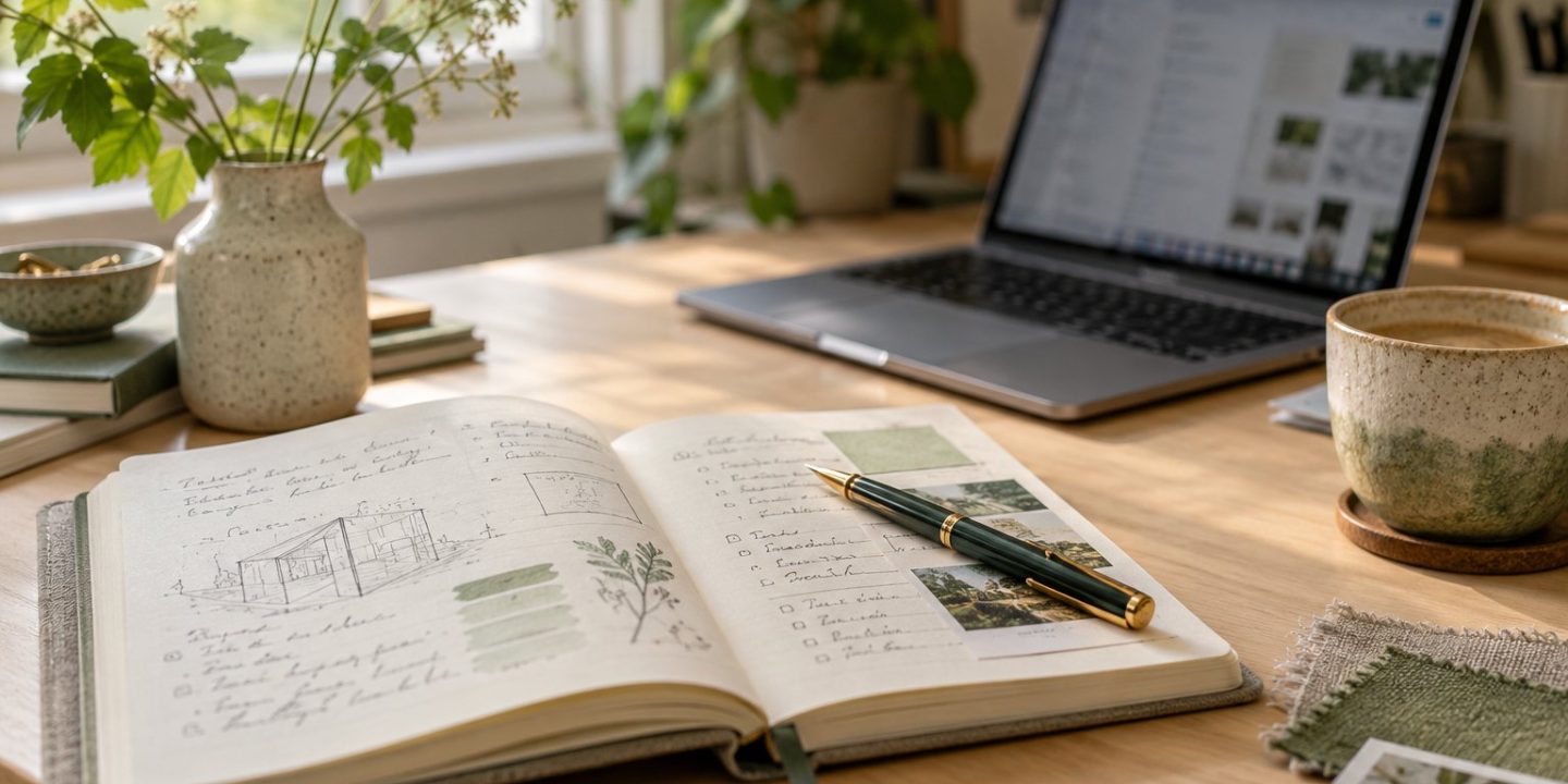 Project notebook and pen beside a Mac laptop