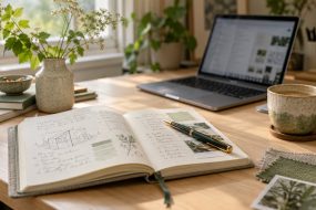 Project notebook and pen beside a Mac laptop