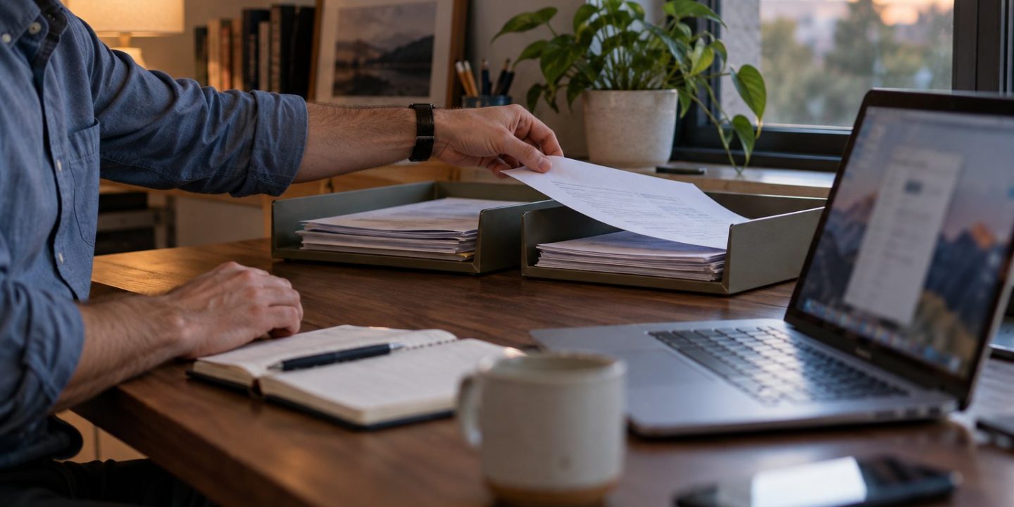 Person sorting documents into trays beside a Mac laptop