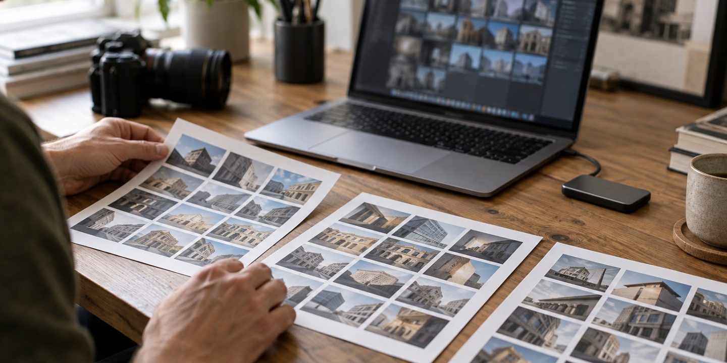 Mac laptop and printed architectural photographs on a desk