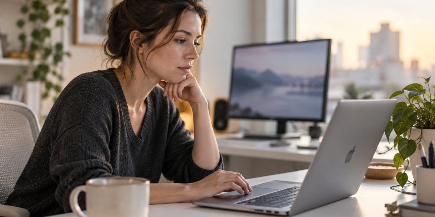 Woman reviewing her Mac laptop in a home workspace