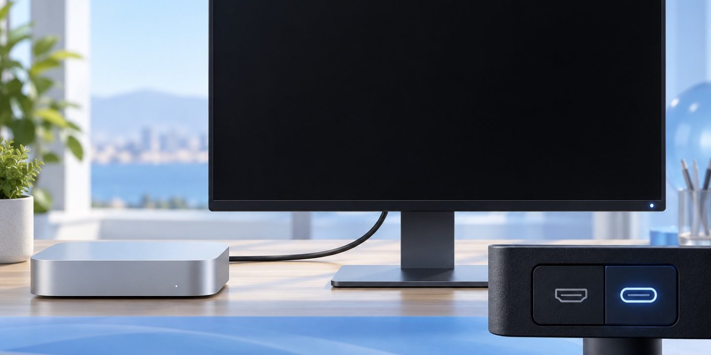 Illustration of a Mac mini connected to a black external monitor, with HDMI and USB-C input choices in the foreground
