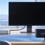Illustration of a Mac mini connected to a black external monitor, with HDMI and USB-C input choices in the foreground