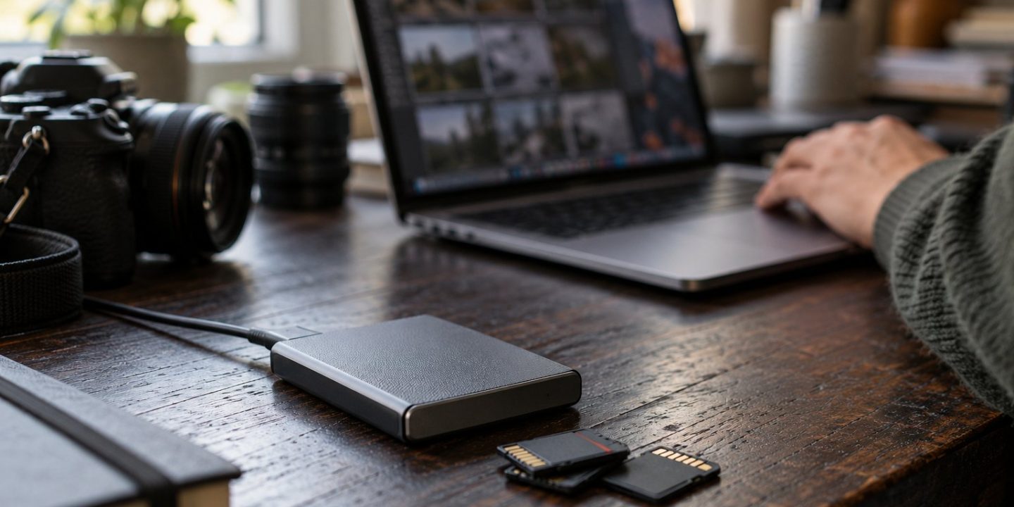 Portable SSD and camera memory cards beside a Mac laptop