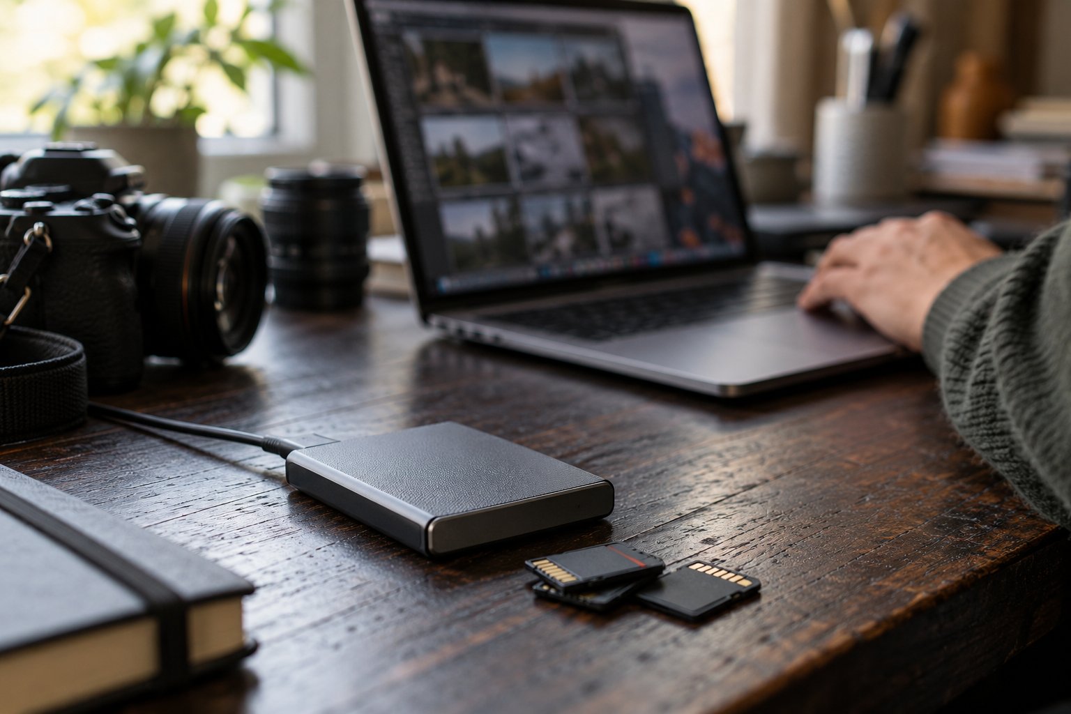 Portable SSD and camera memory cards beside a Mac laptop