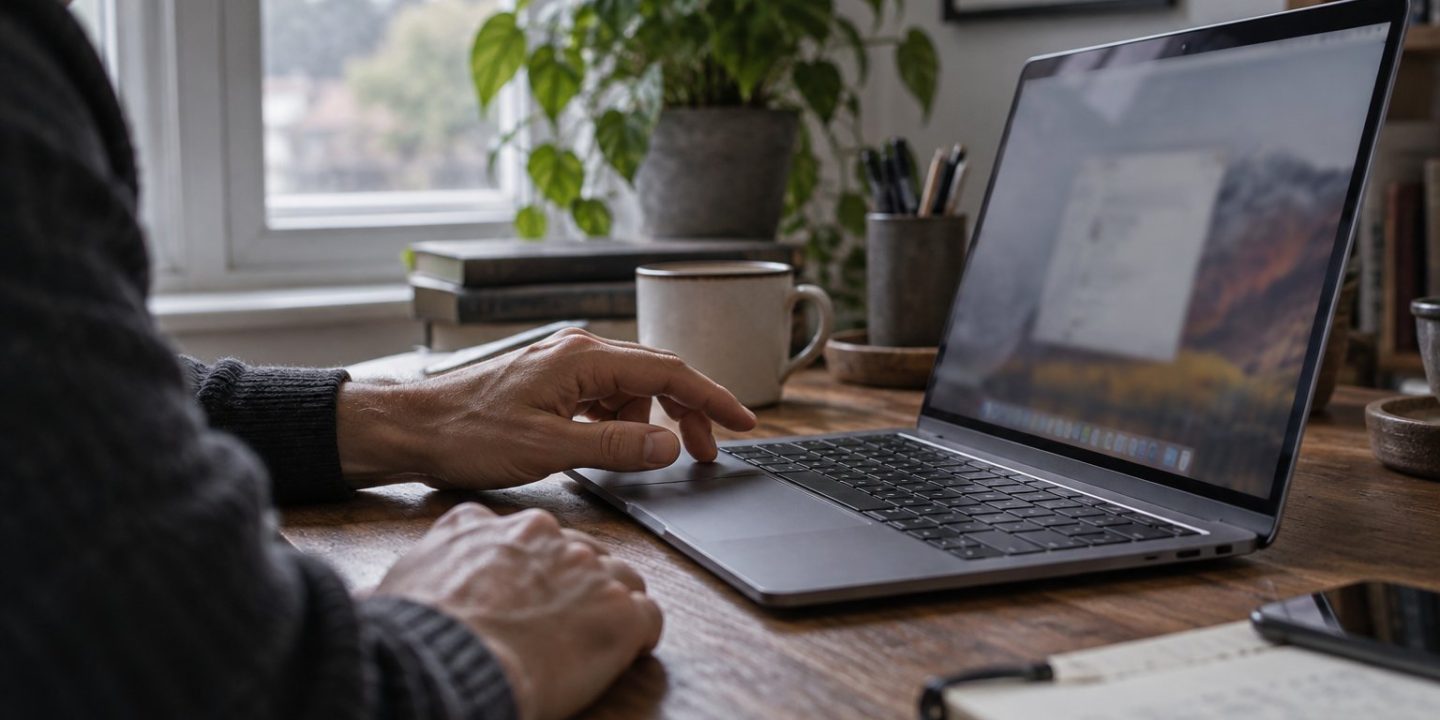 Person using a Mac laptop keyboard in a home office