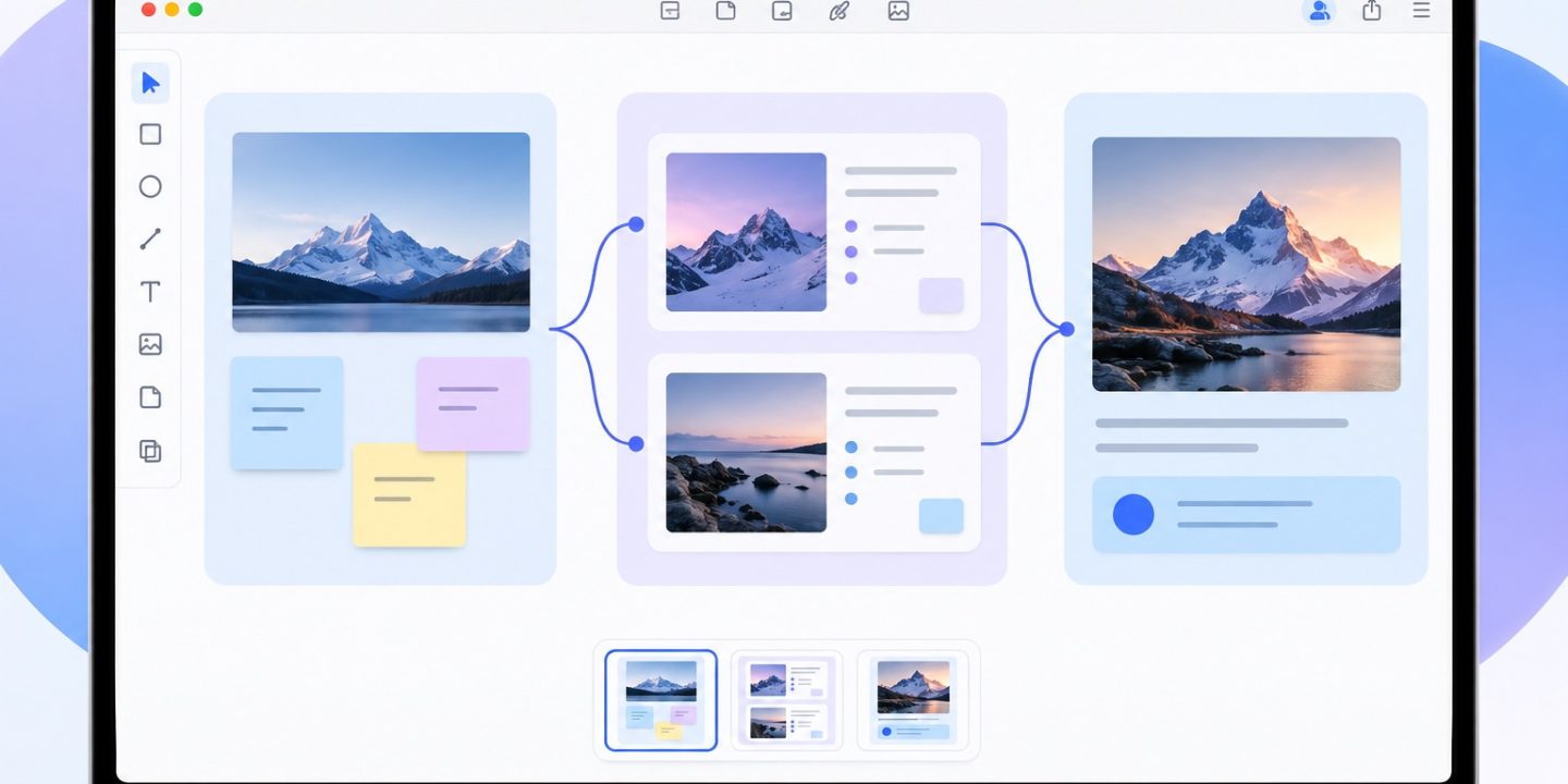 Illustration of a Freeform board divided into three scenes with a scene navigator