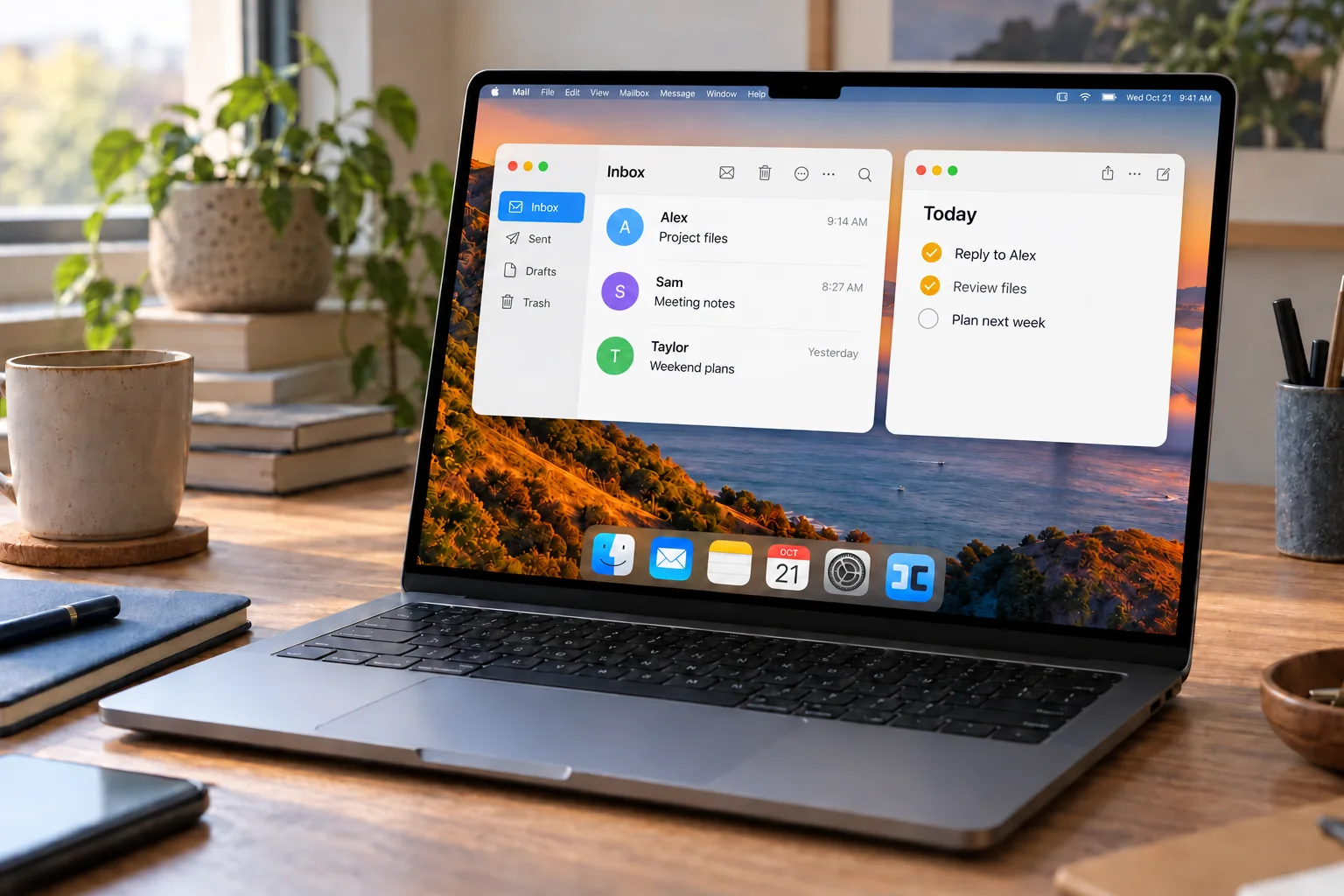 MacBook showing Mail and Notes, with DCommander in the Dock