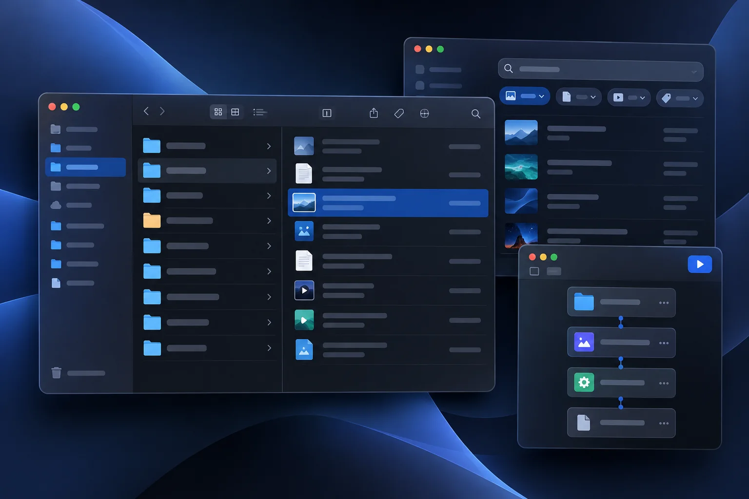 Illustrated desktop with file manager, search and automation windows