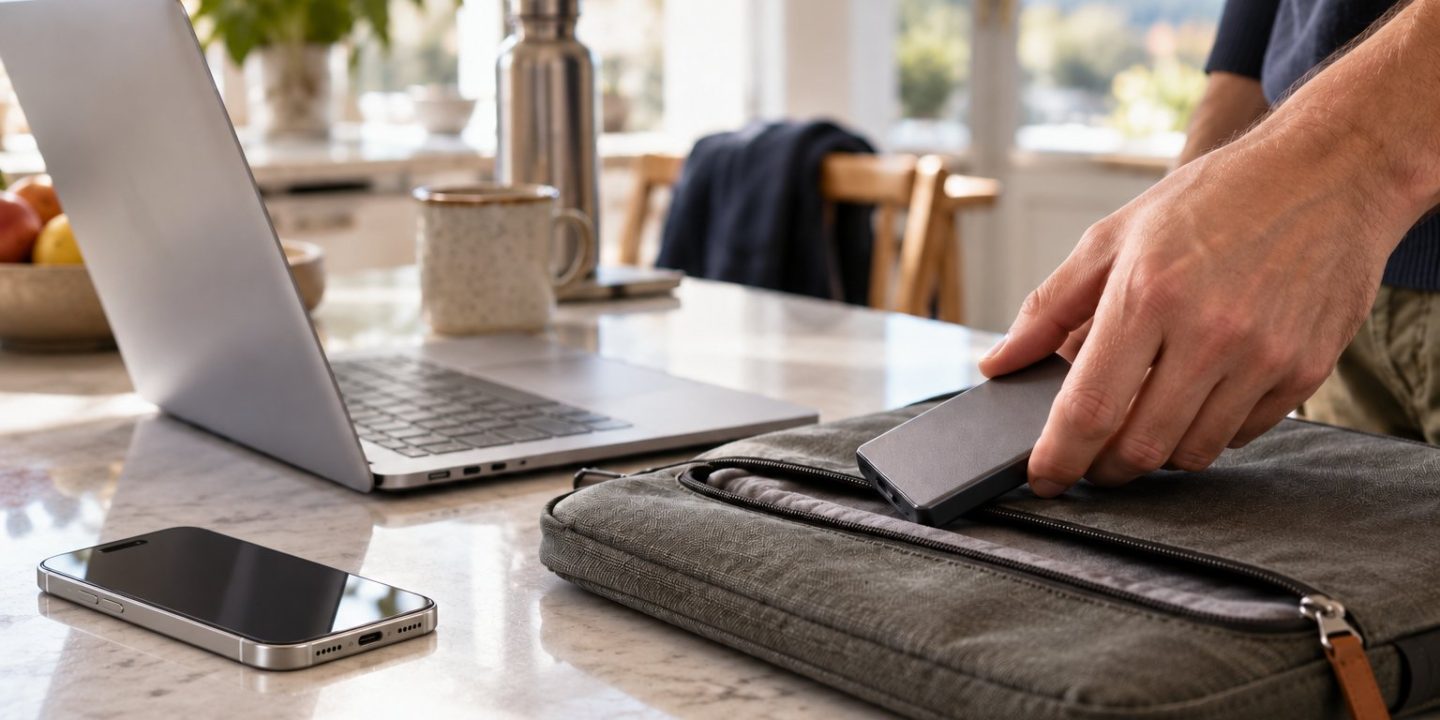 Mac laptop, iPhone and portable drive beside a travel sleeve
