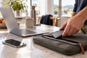 Mac laptop, iPhone and portable drive beside a travel sleeve