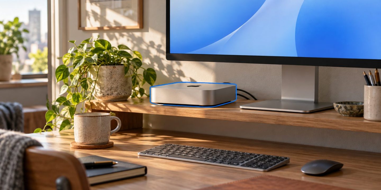 Compact desktop computer beside a monitor, keyboard and mouse on a desk.