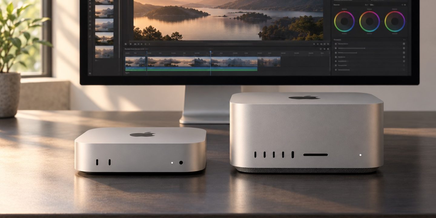 Illustration of a compact Mac mini beside a larger Mac Studio on a desk