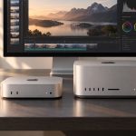 Illustration of a compact Mac mini beside a larger Mac Studio on a desk