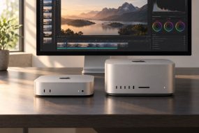 Illustration of a compact Mac mini beside a larger Mac Studio on a desk