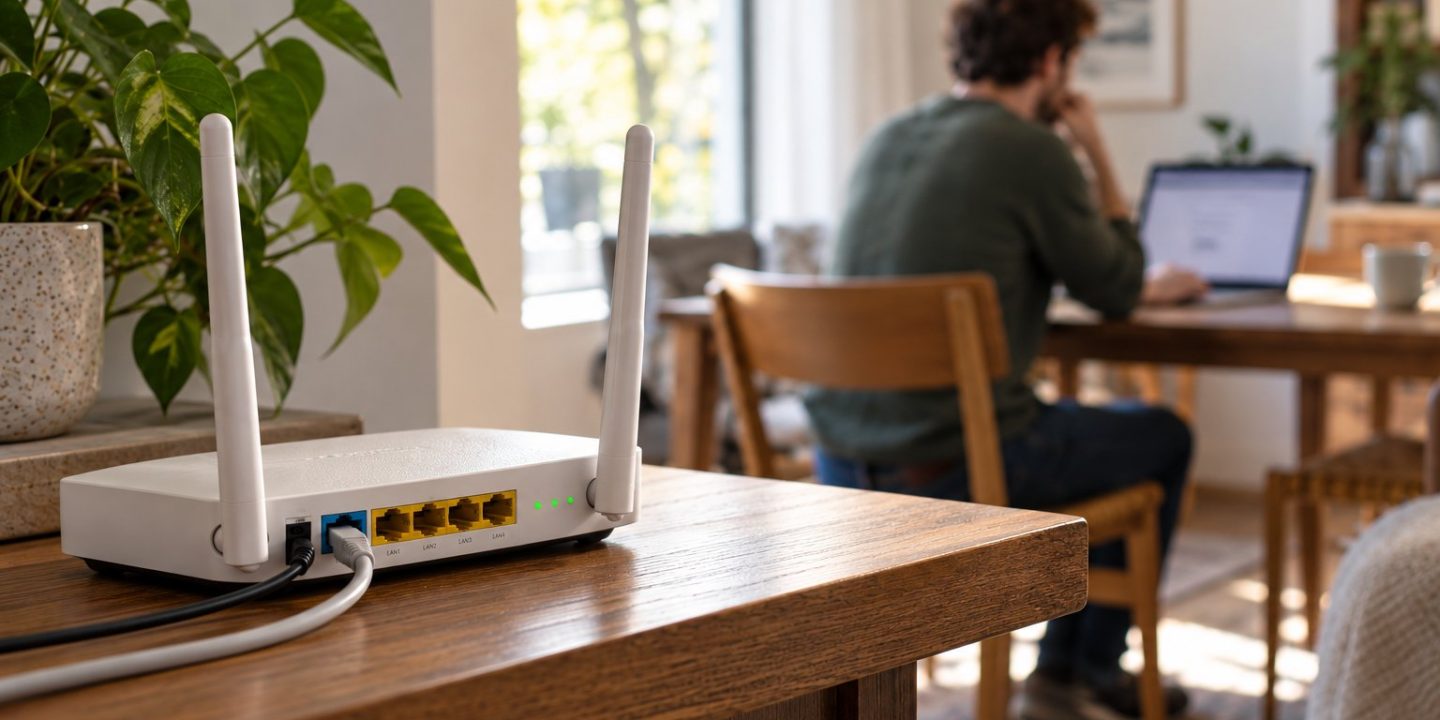 Wi-Fi router with connected power and Ethernet cables, with a Mac user in the background