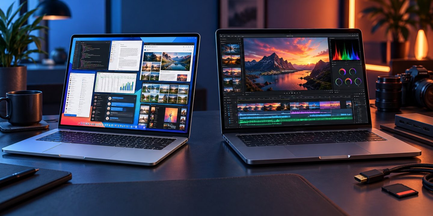 Side-by-side illustration of a thin MacBook Air for multitasking and a MacBook Pro for creative work