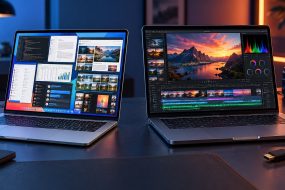 Side-by-side illustration of a thin MacBook Air for multitasking and a MacBook Pro for creative work
