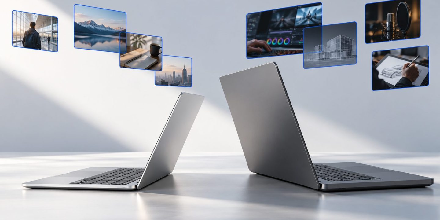 Two open laptops with images of everyday tasks and creative work above them.