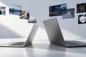 Two open laptops with images of everyday tasks and creative work above them.