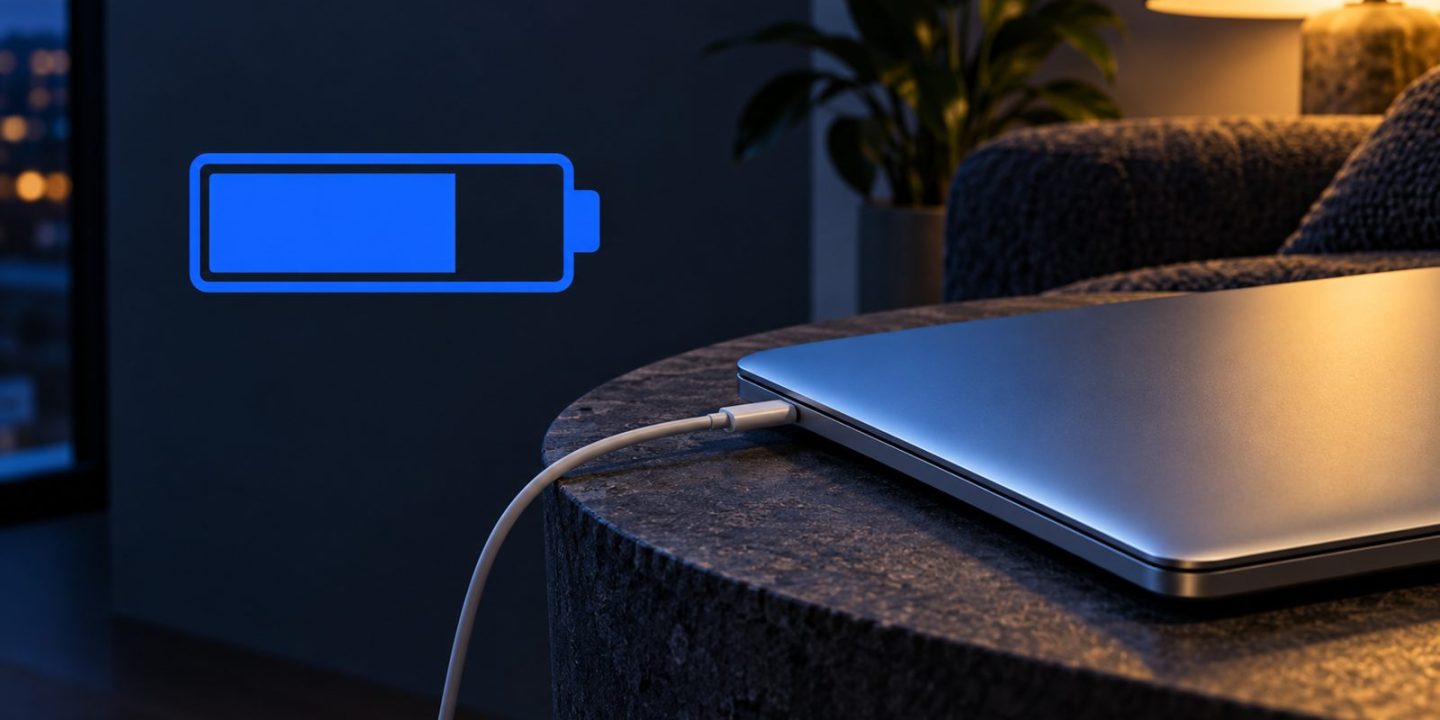 Laptop connected to a charger beside a half-filled battery symbol.