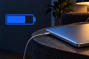Laptop connected to a charger beside a half-filled battery symbol.
