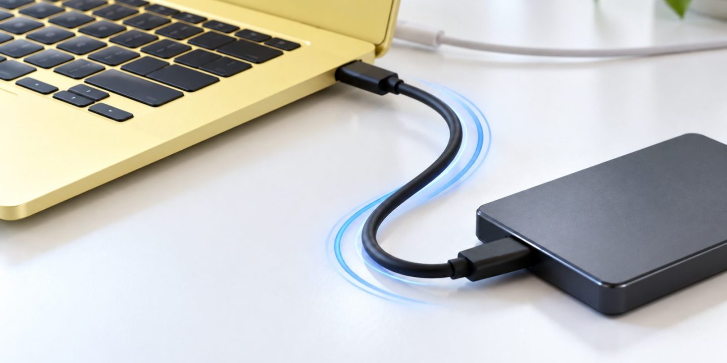 Yellow laptop connected to an external SSD with a USB-C cable.
