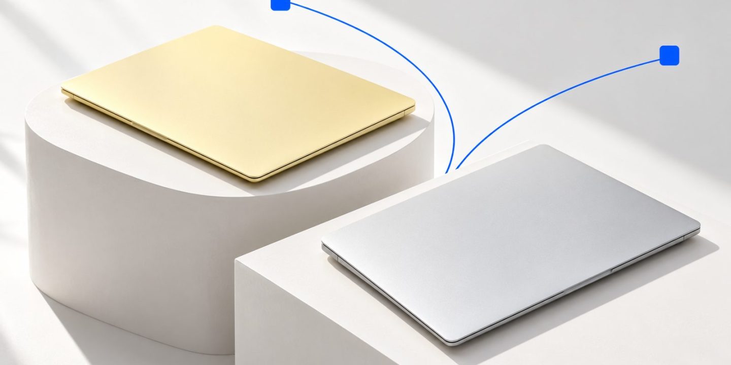 Yellow and silver laptops side by side for a MacBook Neo and Air comparison.