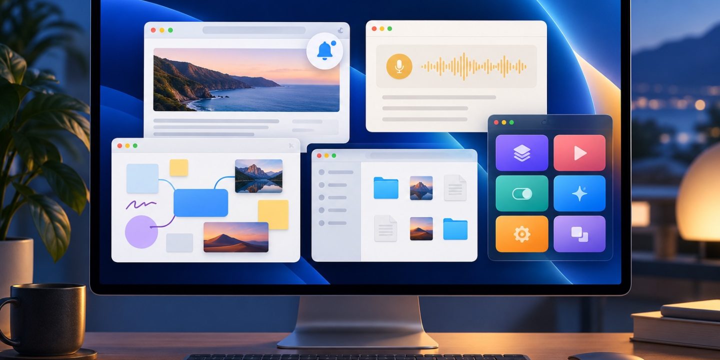 Illustration of a Mac desktop with Safari, Notes, Freeform, Finder, and Shortcuts workflows