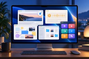 Illustration of a Mac desktop with Safari, Notes, Freeform, Finder, and Shortcuts workflows