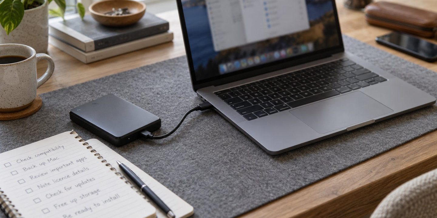 External backup drive connected to a Mac beside an upgrade checklist