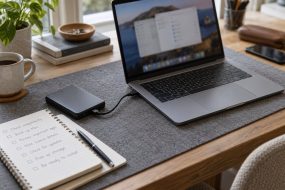 External backup drive connected to a Mac beside an upgrade checklist