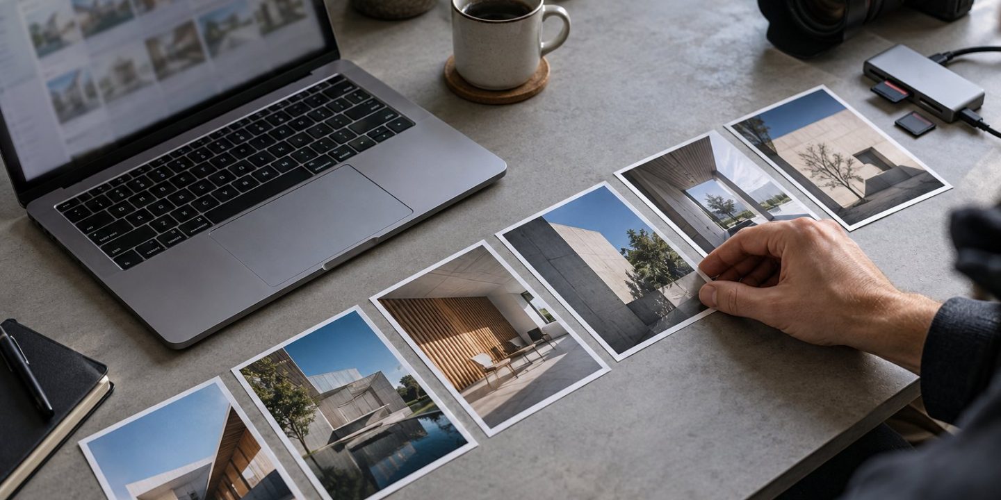 Photographer arranging architectural photo prints beside a Mac laptop