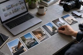 Photographer arranging architectural photo prints beside a Mac laptop