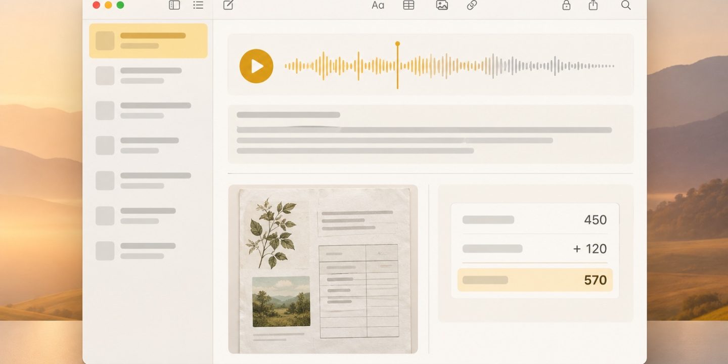 Illustration of a Mac Notes window with an audio recording, scanned page, and calculation