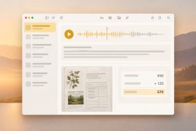 Illustration of a Mac Notes window with an audio recording, scanned page, and calculation