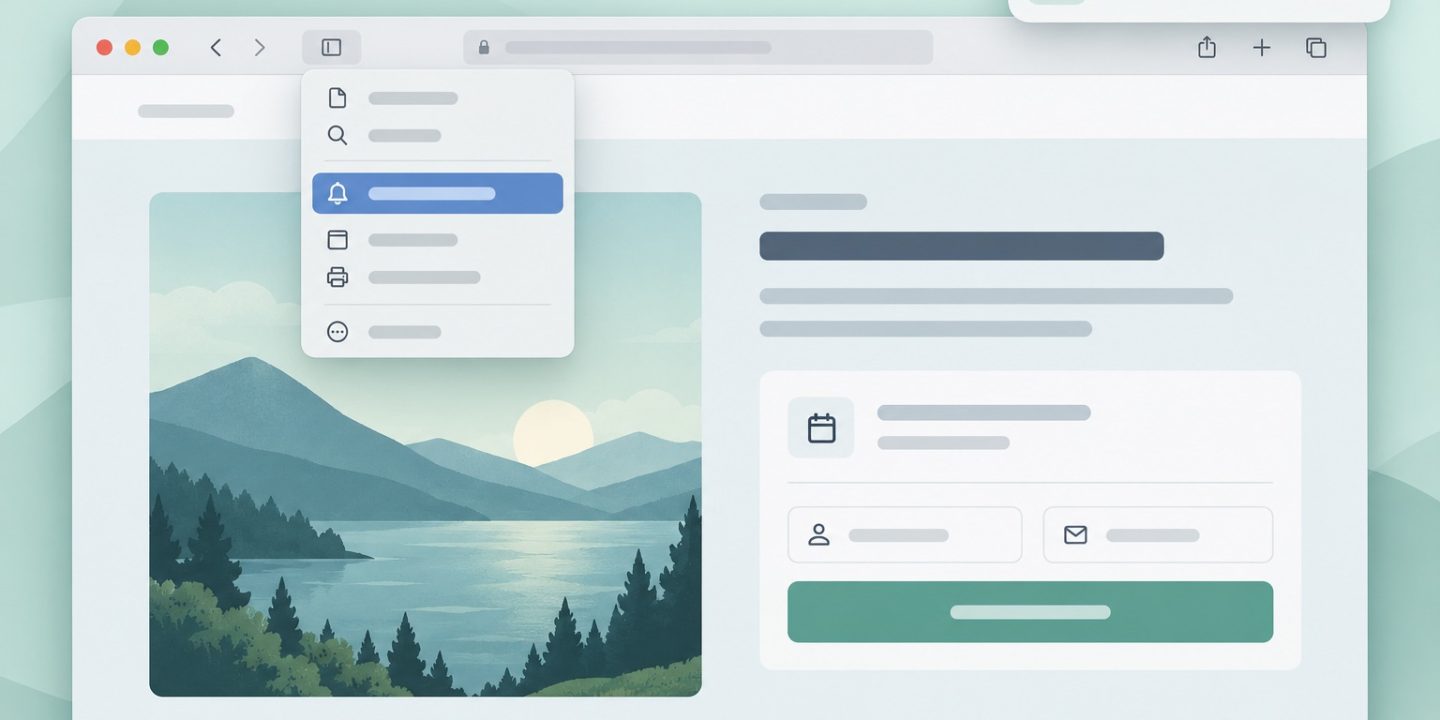 Illustration of a Safari page menu with a Notify Me alert and a webpage change notification