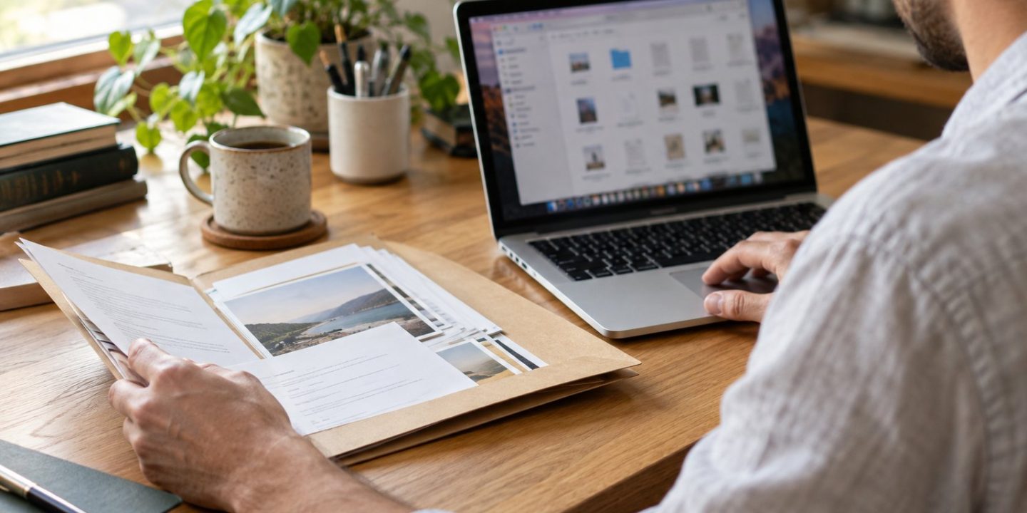 Person reviewing a project folder beside a Mac laptop