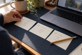 Three workflow planning cards beside a Mac laptop keyboard