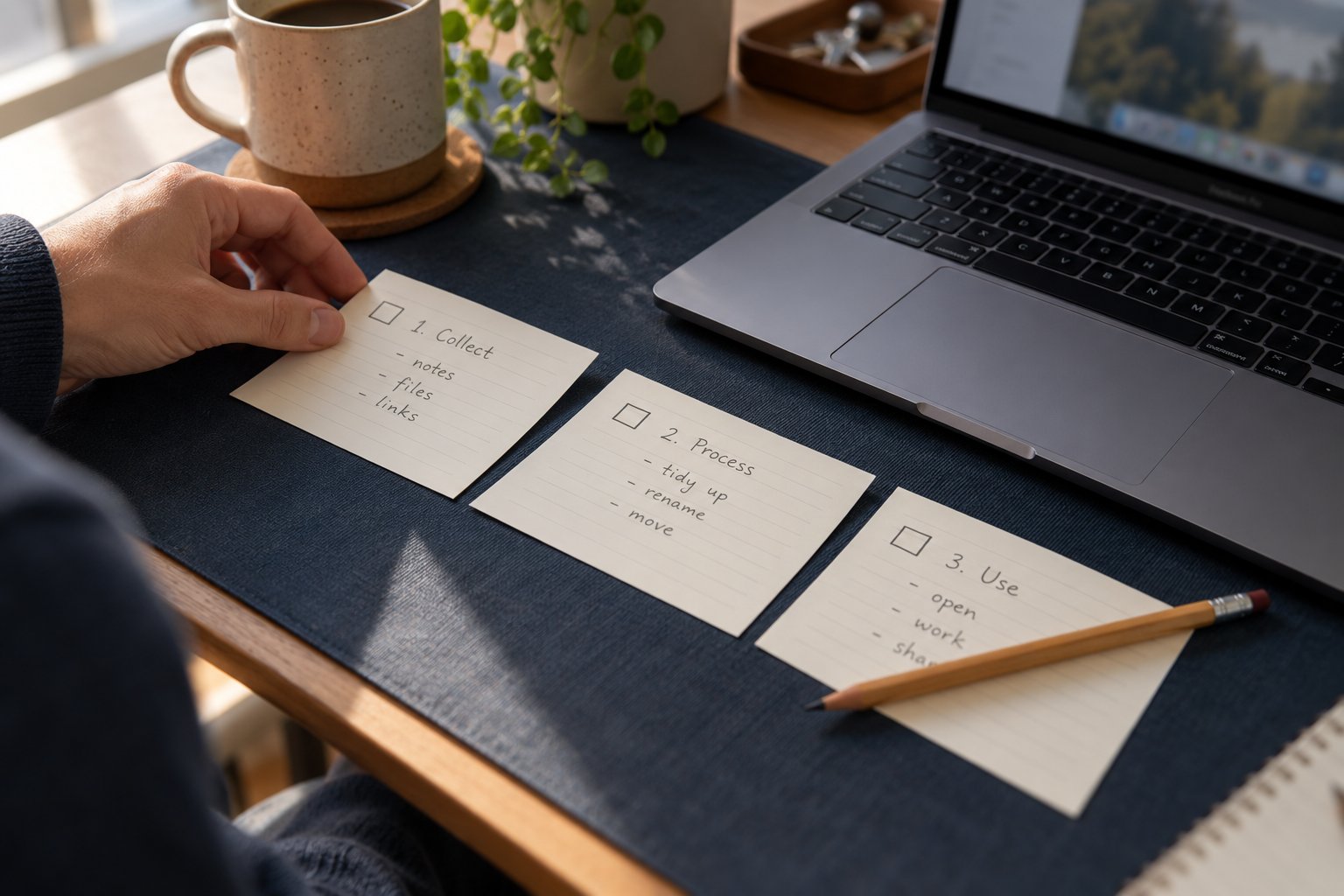 Workflow planning cards beside a Mac keyboard