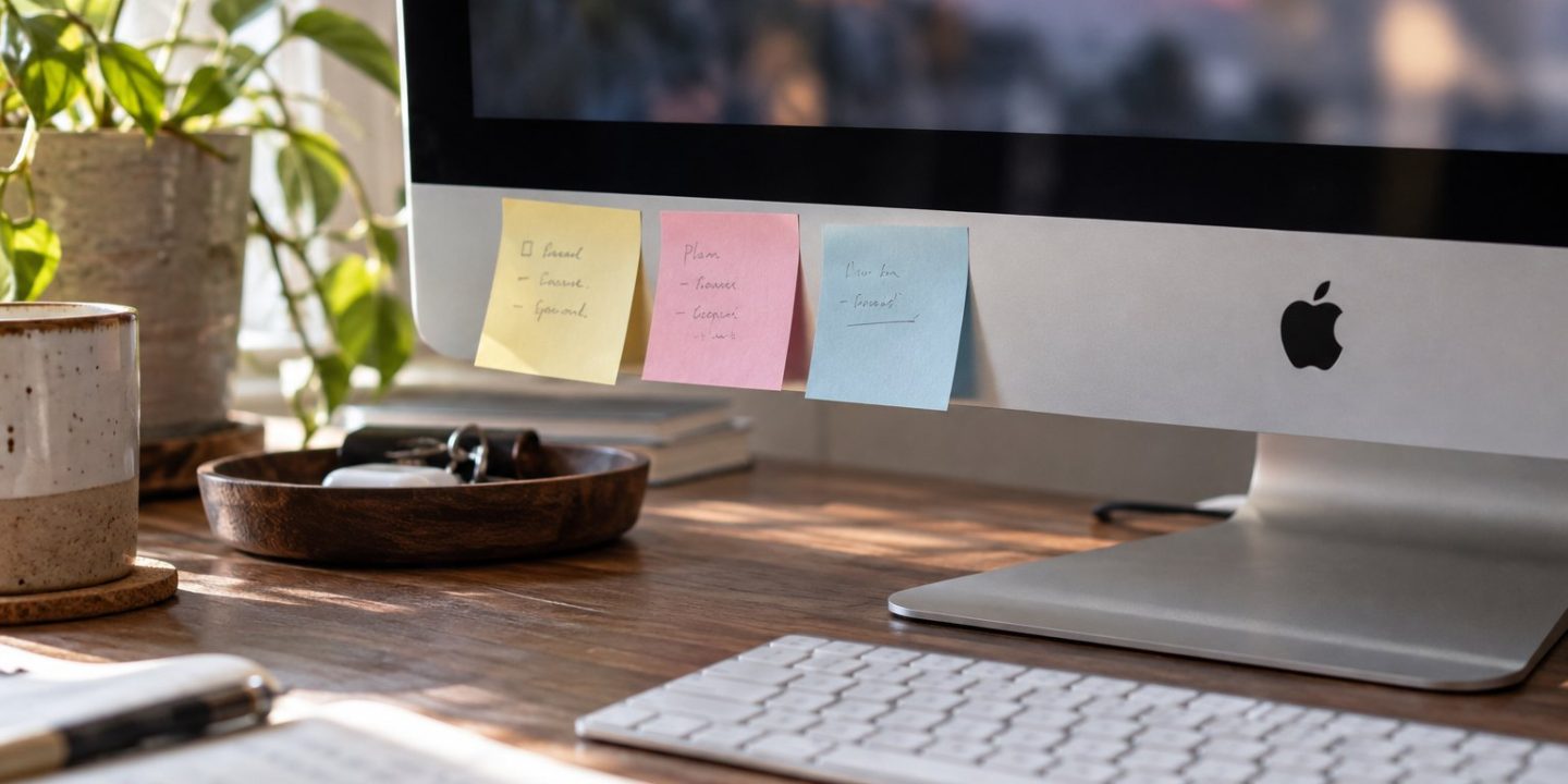 Yellow, pink and blue sticky notes attached to a Mac display