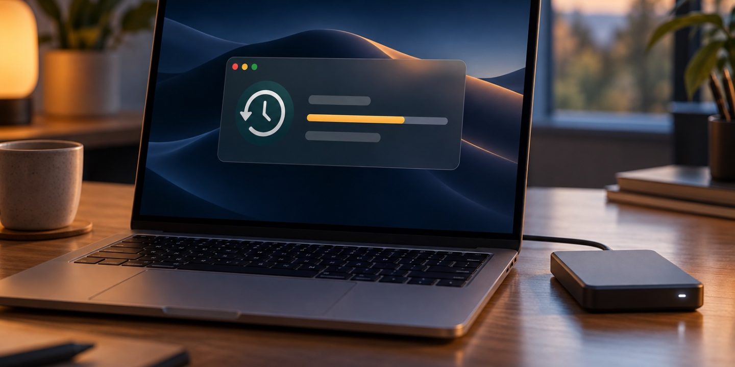 Illustration of a MacBook showing a backup progress panel beside an external backup drive