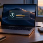 Illustration of a MacBook showing a backup progress panel beside an external backup drive