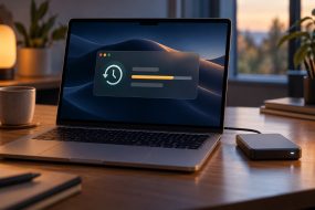 Illustration of a MacBook showing a backup progress panel beside an external backup drive