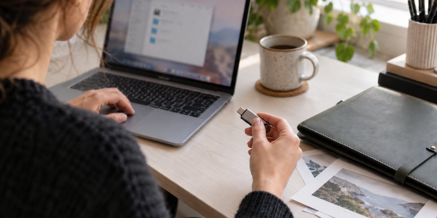 Woman holding a USB-C flash drive beside a Mac laptop